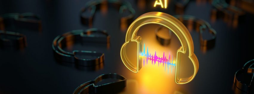 Glowing AI Music icon with audio waveform on dark background Yellow transparent glass material glowing on dark reflecting floor